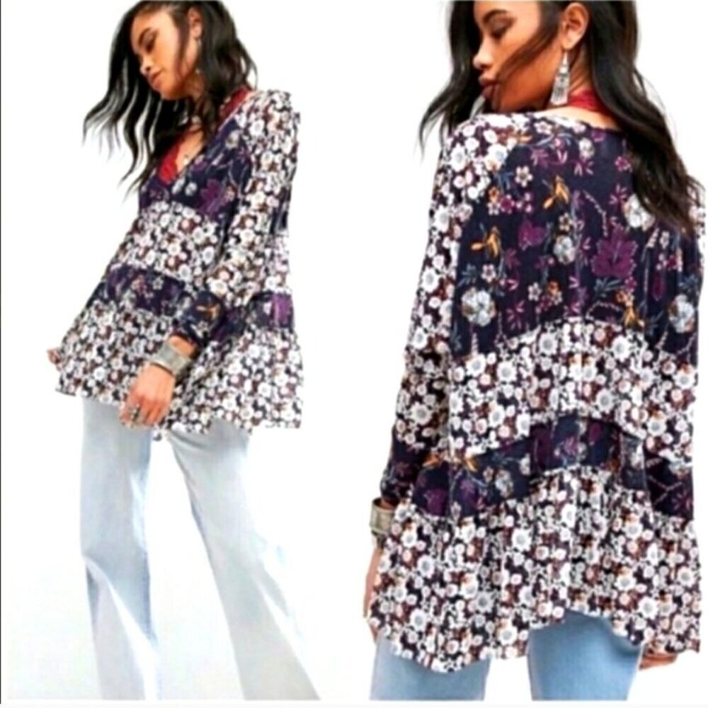 Free People Isabelle Floral Bohemian Oversized Long Sleeve Tunic Top Size XS